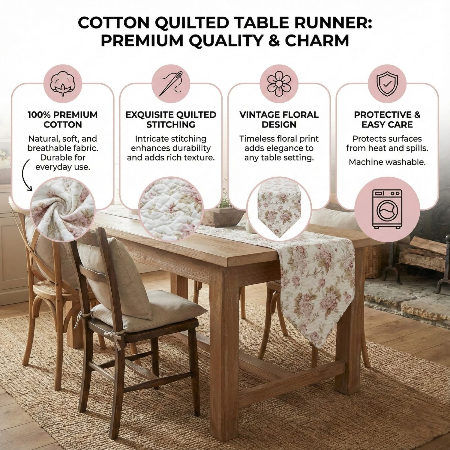 Hint of Mint Cottage Floral Roses Cotton Dining Table Runner (3036)