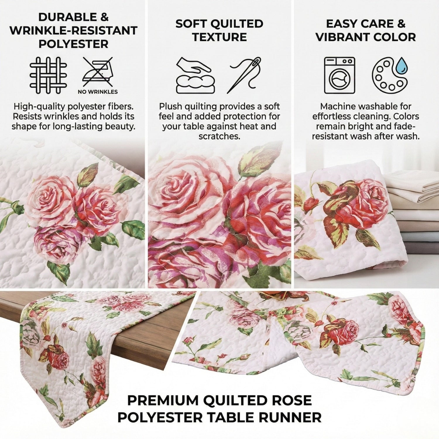 Romantic Roses Pink White Lovely Floral Quilted Dining Table Runner (879)