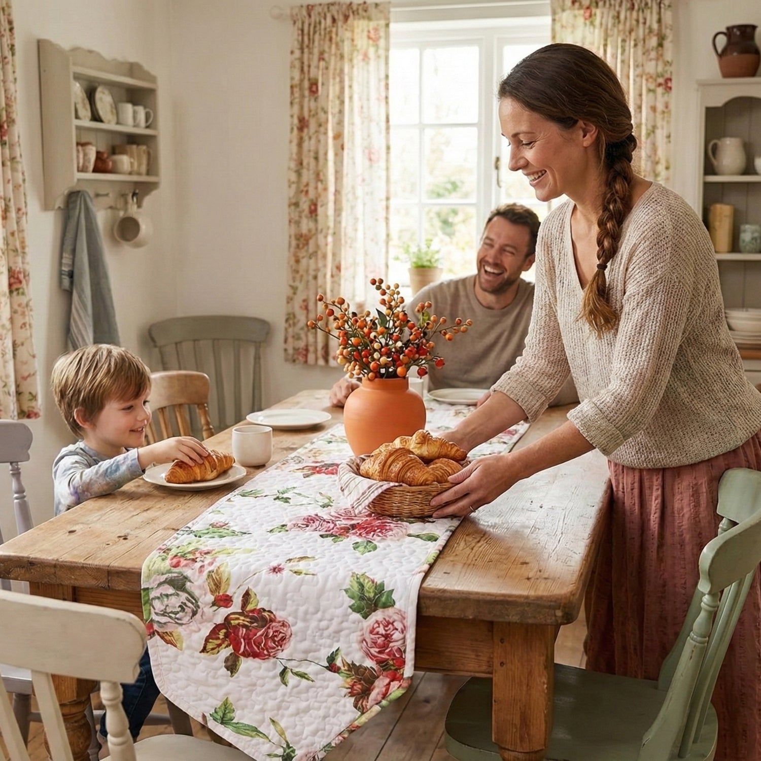 Romantic Roses Pink White Lovely Floral Quilted Dining Table Runner (879)