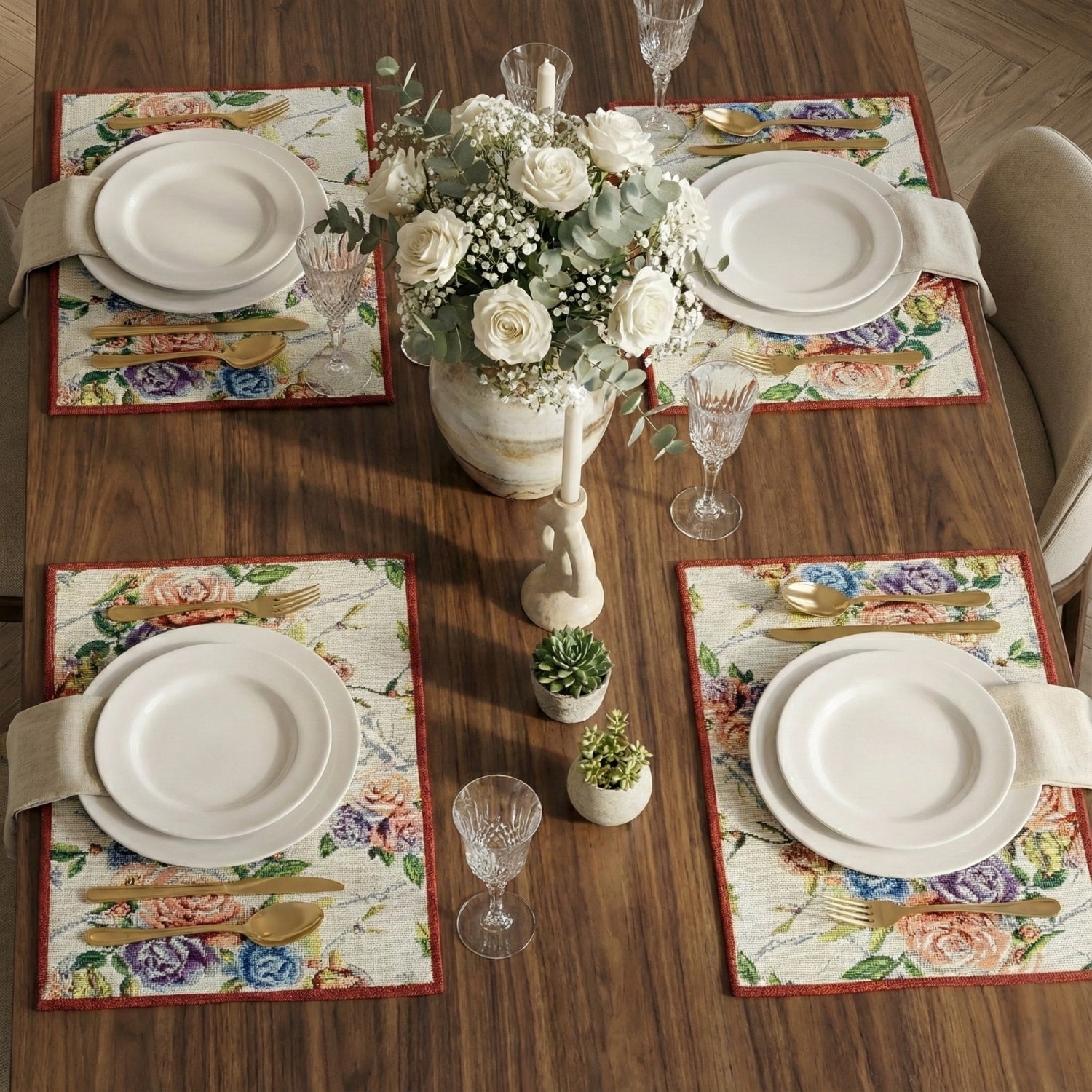 Set of 4-Pieces Vintage Romantic Roses Lovely Pink Floral Tapestry Placemats 13" x 19" (879)