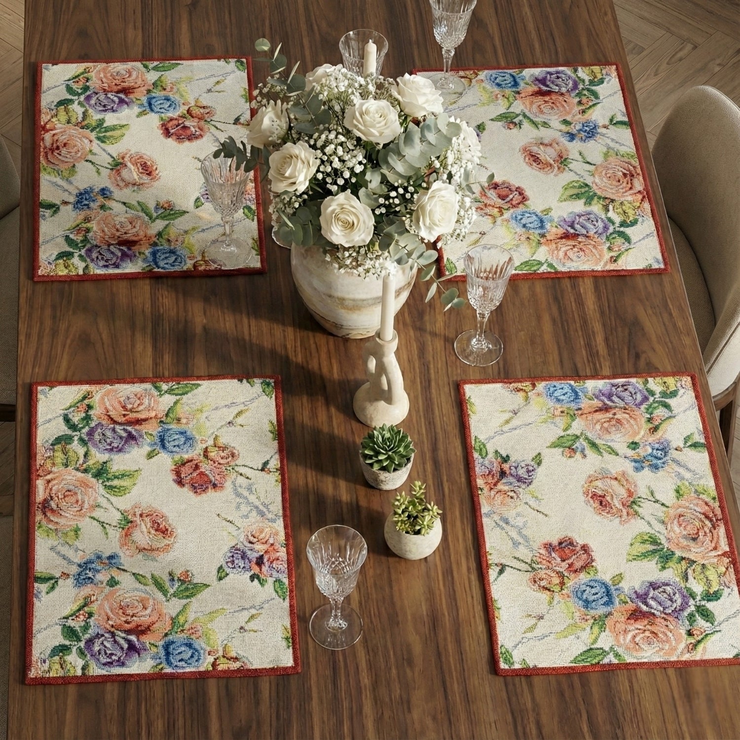 Set of 4-Pieces Vintage Romantic Roses Lovely Pink Floral Tapestry Placemats 13" x 19" (879)