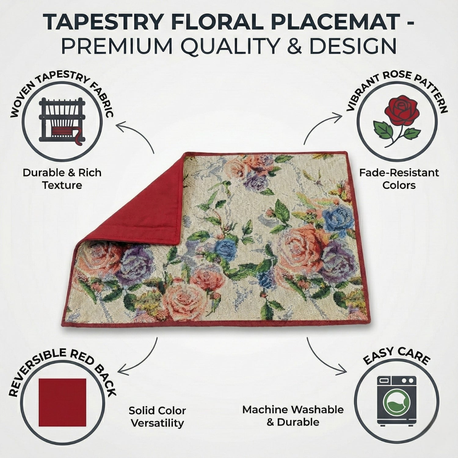 Set of 4-Pieces Vintage Romantic Roses Lovely Pink Floral Tapestry Placemats 13" x 19" (879)