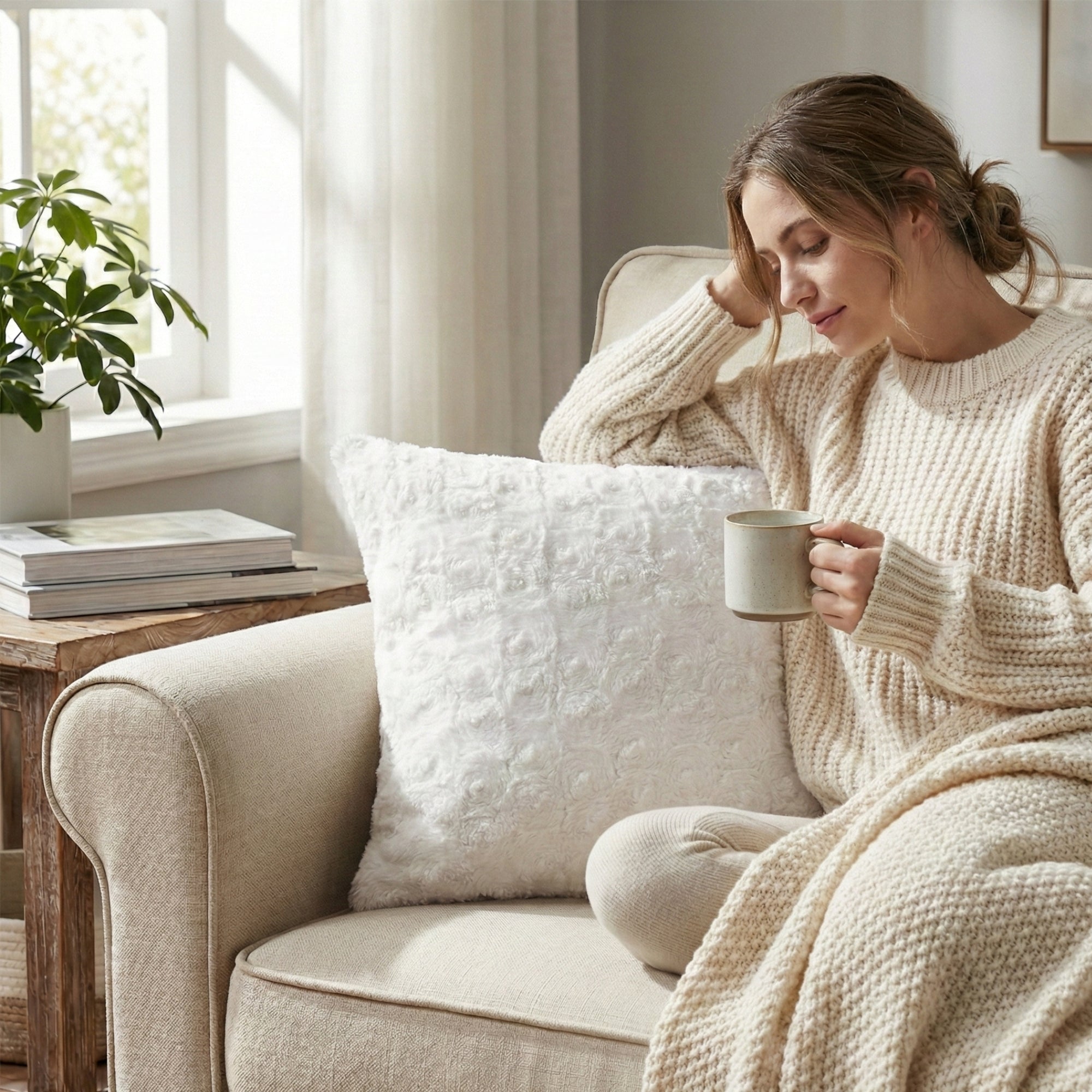 Luxury White Roses Swirls Faux Fur Euro Cushion Throw Pillow Cover (K11)