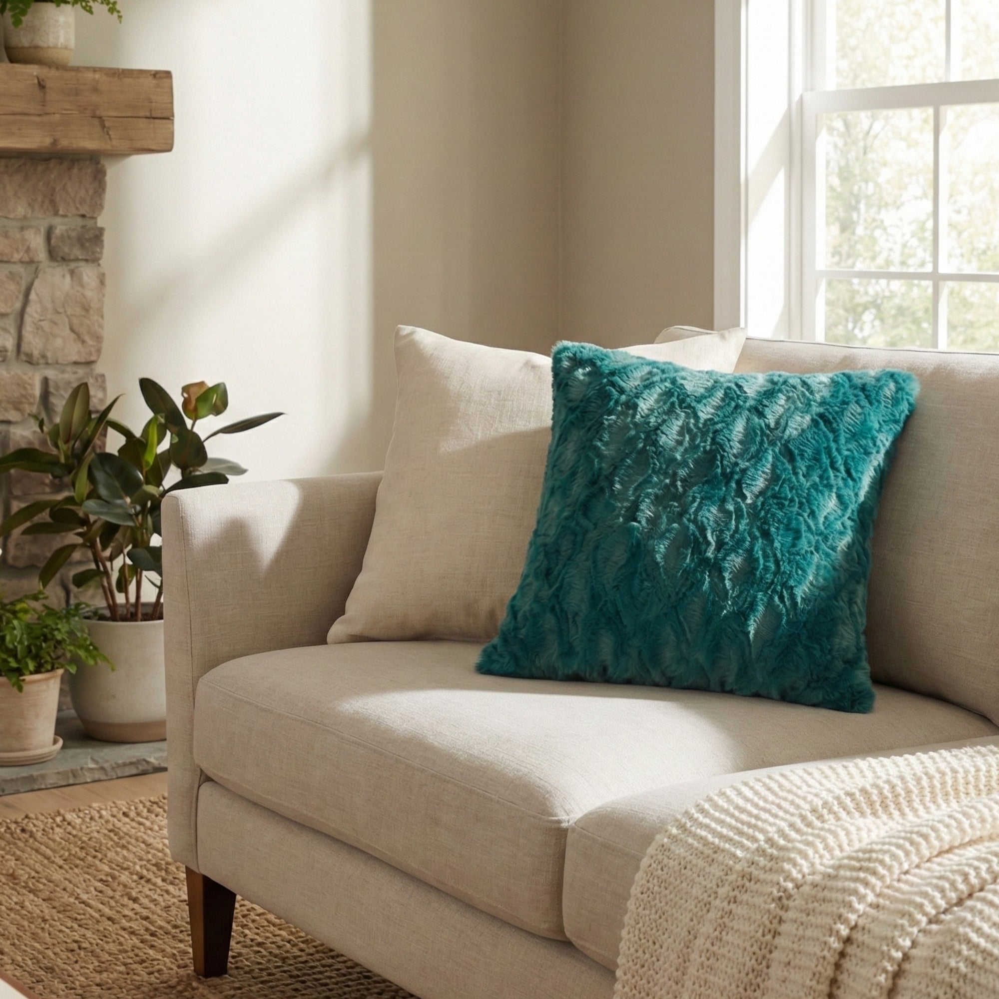 Jewel Tones Emerald Green Blue Luxury Faux Fur Throw Pillow Cover (171805)