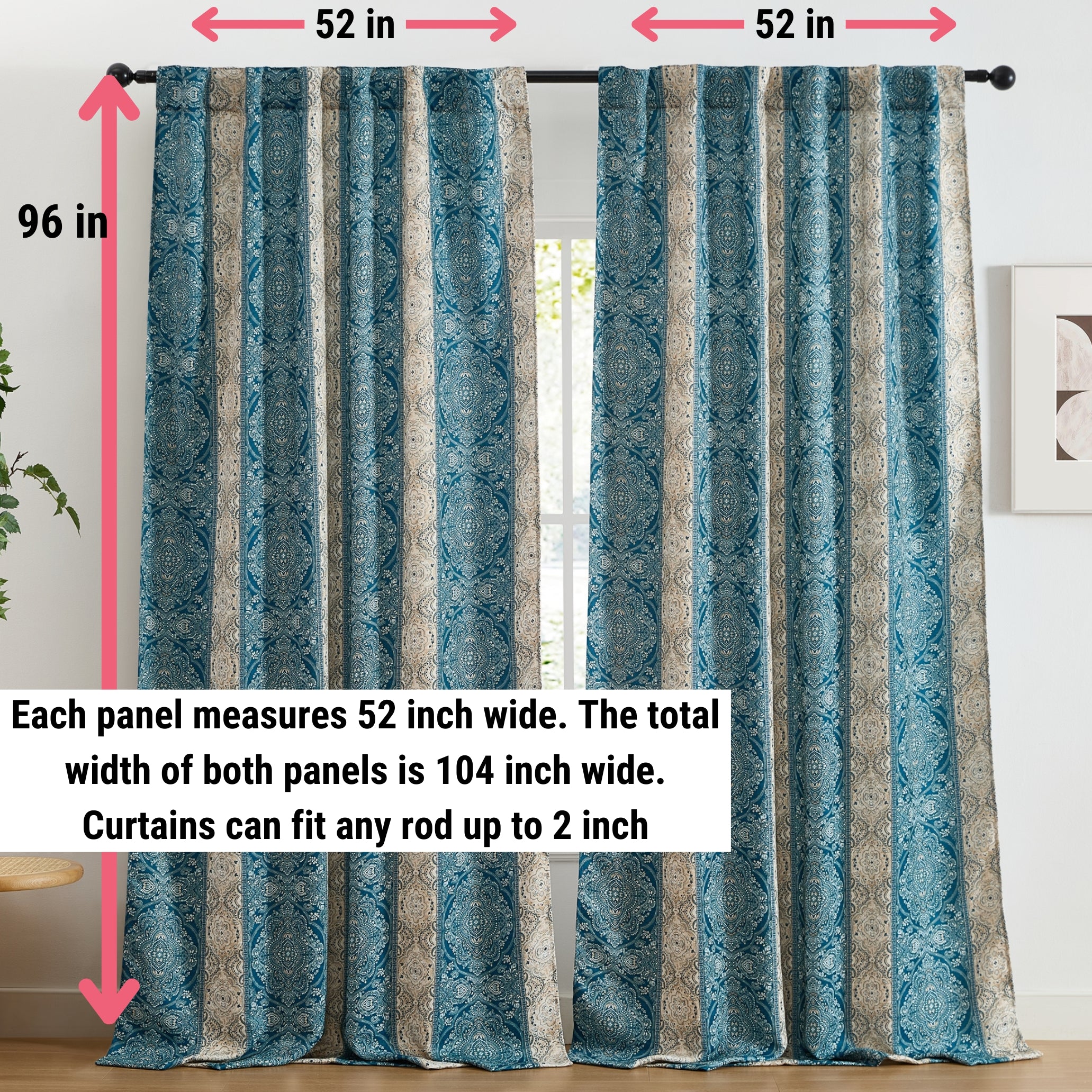 William Boho Damask Striped Curtains - Set of 2