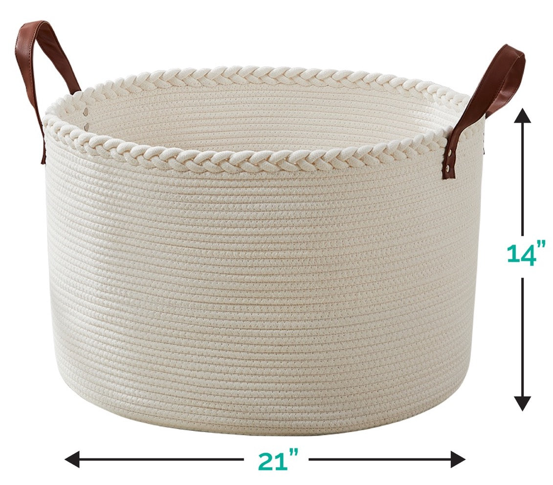 Extra Large Round Cotton Rope Storage Basket Laundry Hamper with Leather Handles