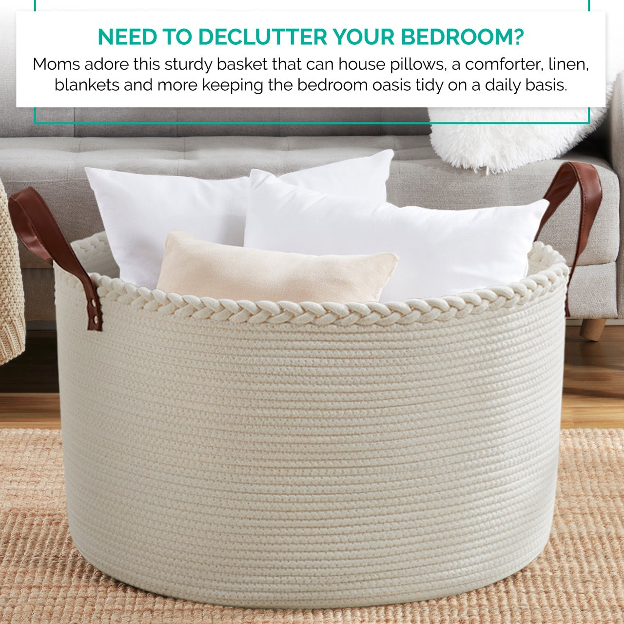 Extra Large Round Cotton Rope Storage Basket Laundry Hamper with Leather Handles