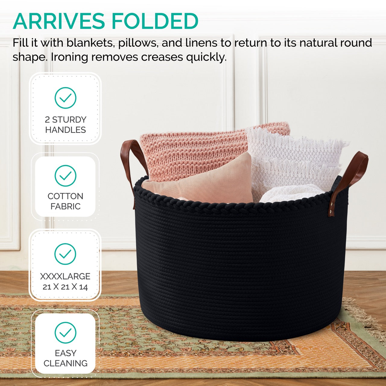 Extra Large Round Cotton Rope Storage Basket Laundry Hamper with Leather Handles