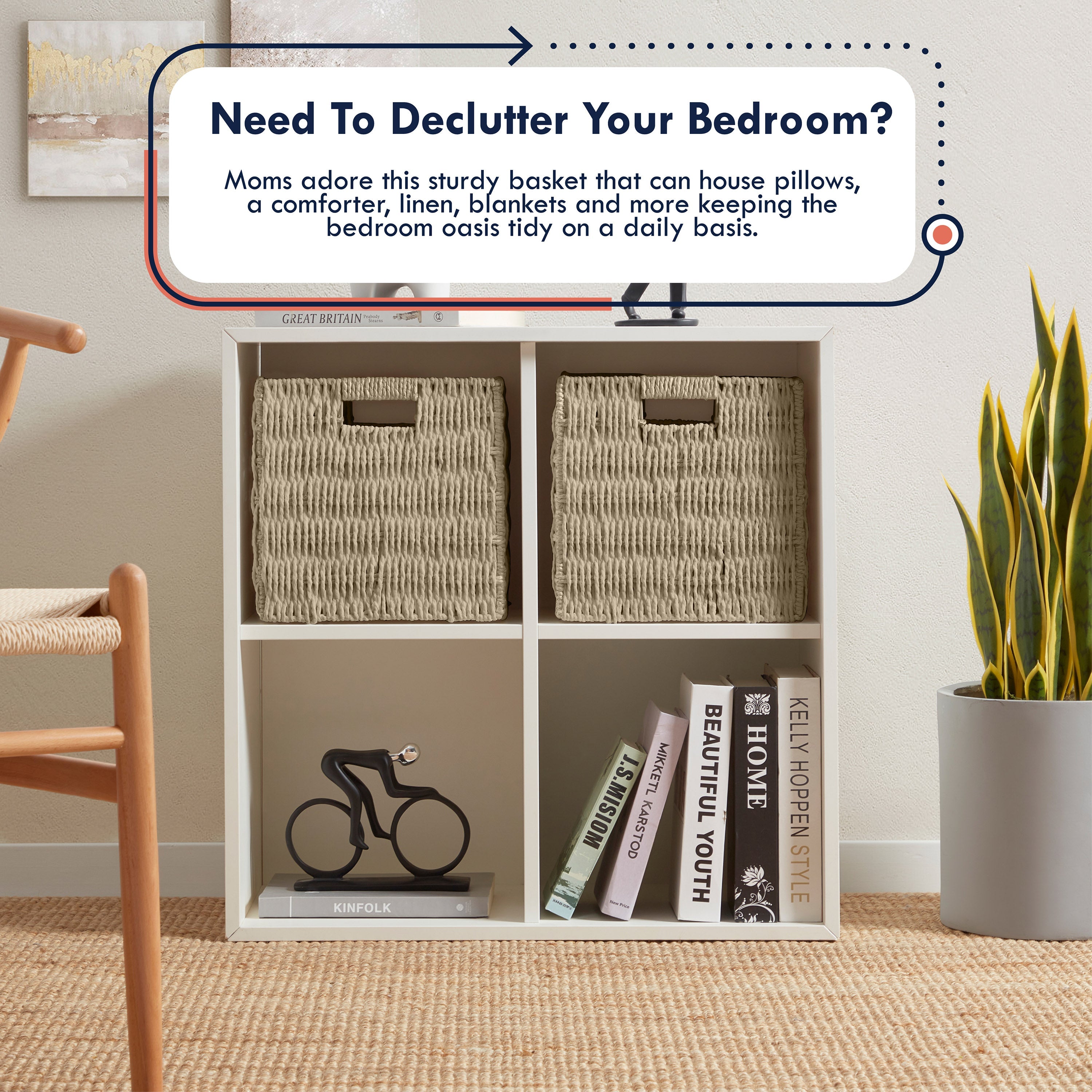 Foldable Paper Wicker Storage Shelf Basket Cube Bin with Handles - Beige