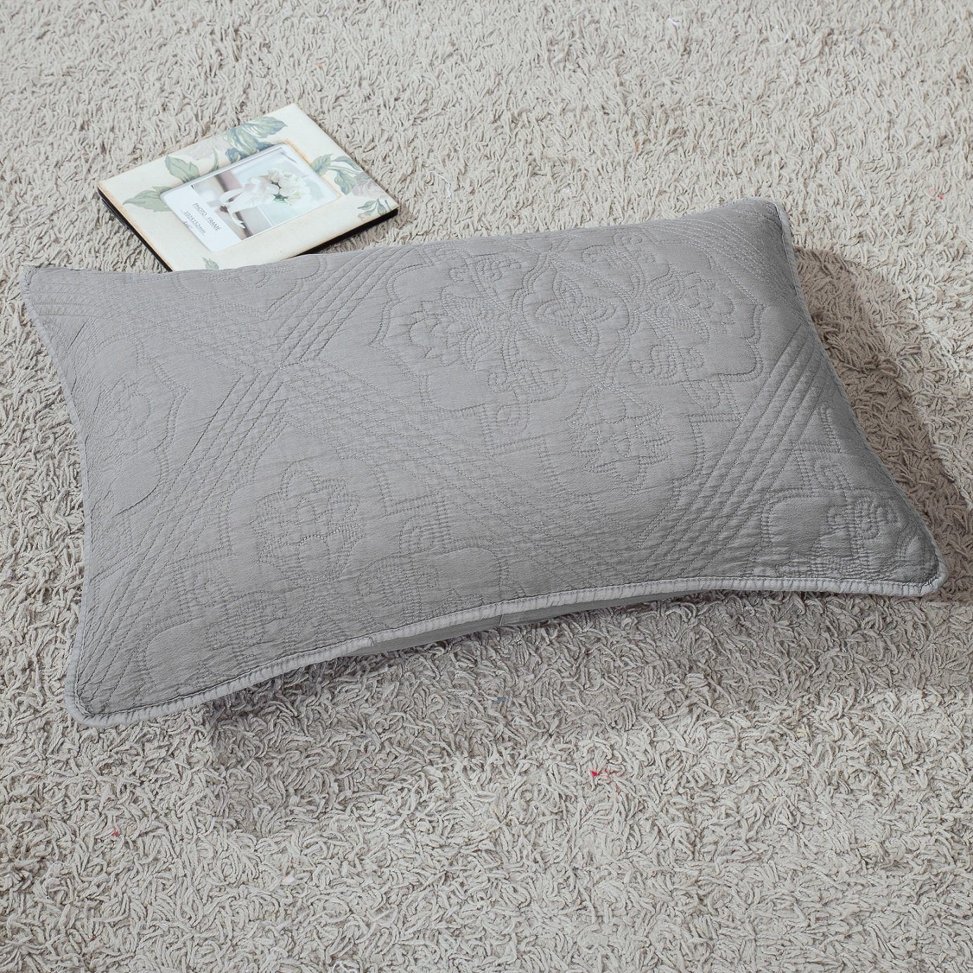 Floral Stone Wash Grey Diamond Pattern Quilted King Size Pillow Sham - 20" x 36" (JHW855)