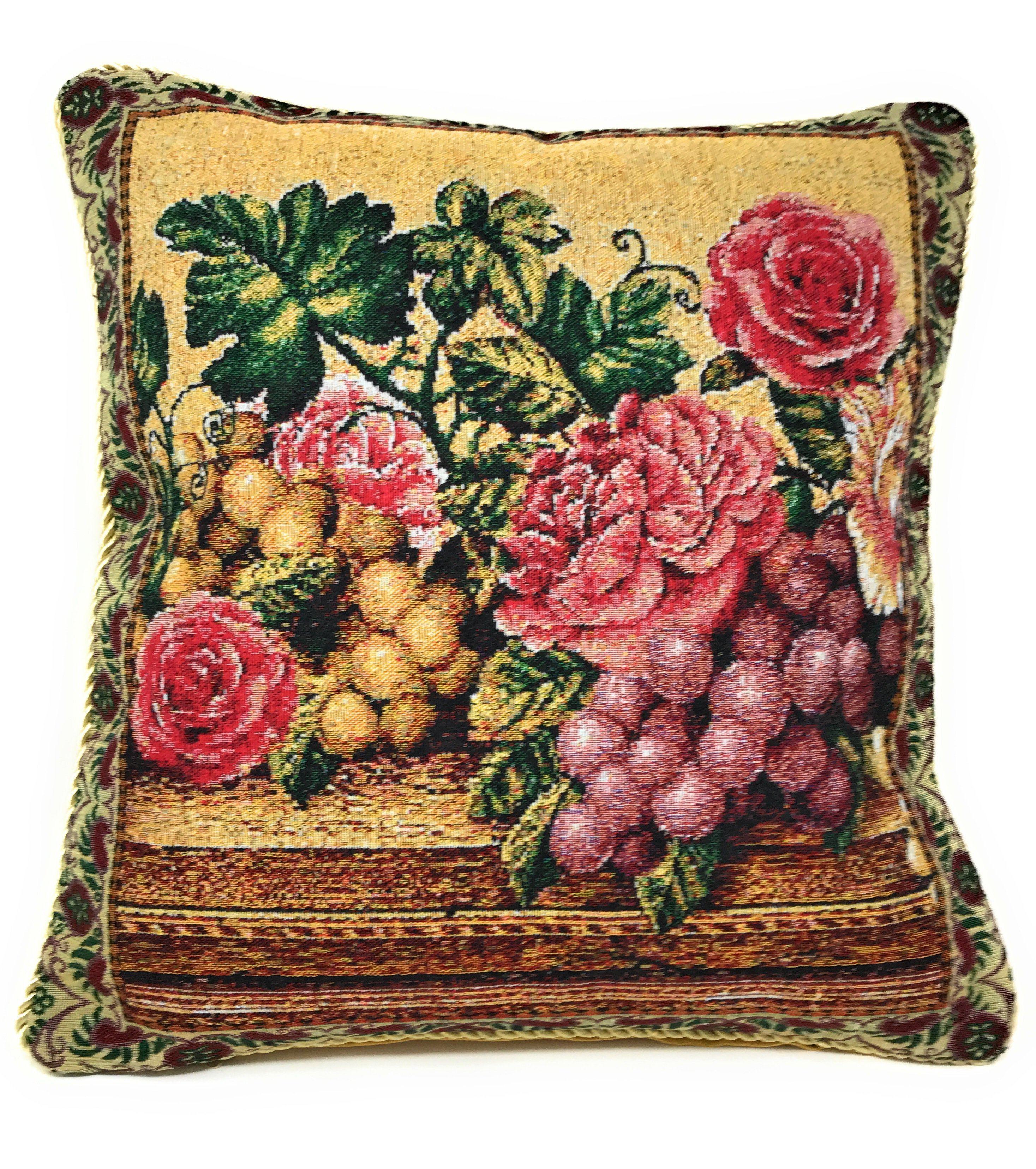 Set of 2-Pieces Parade Fruit & Roses Garden Tapestry Throw Pillow Covers w/ Inserts - 18" x 18"