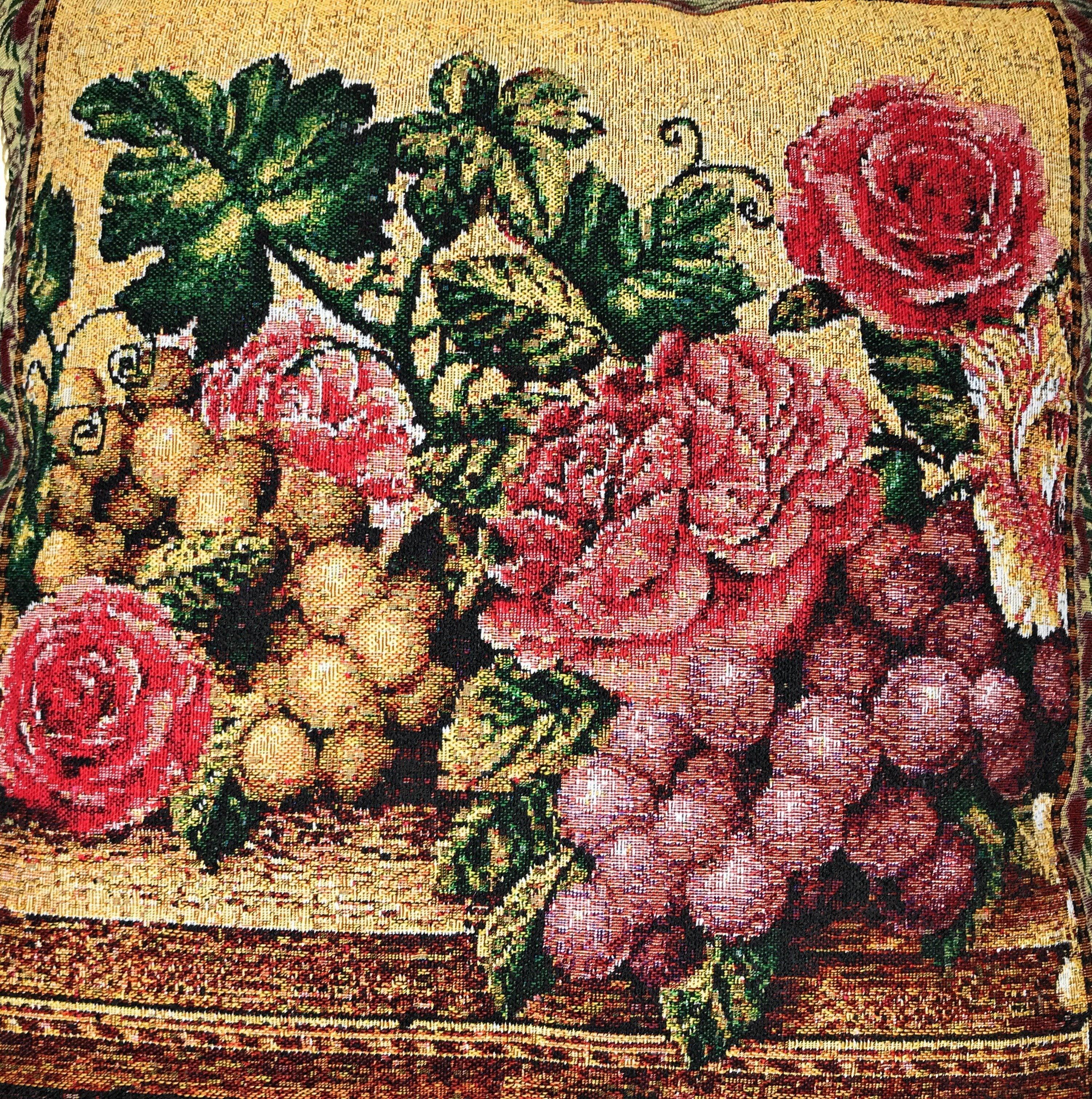Set of 2-Pieces Parade Fruit & Roses Garden Tapestry Throw Pillow Covers w/ Inserts - 18" x 18"